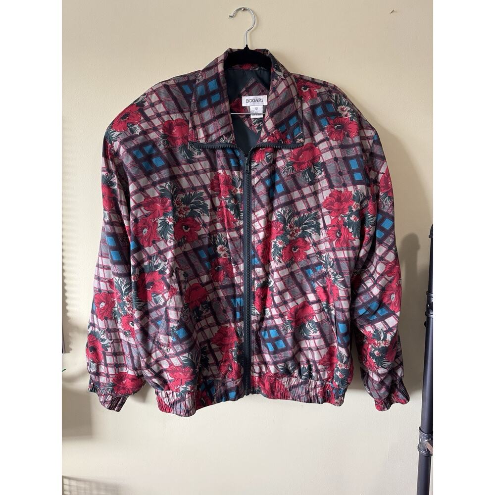 Vintage Bogari 100% Silk Bomber Jacket Women’s L Floral Plaid 80s 90s Retro